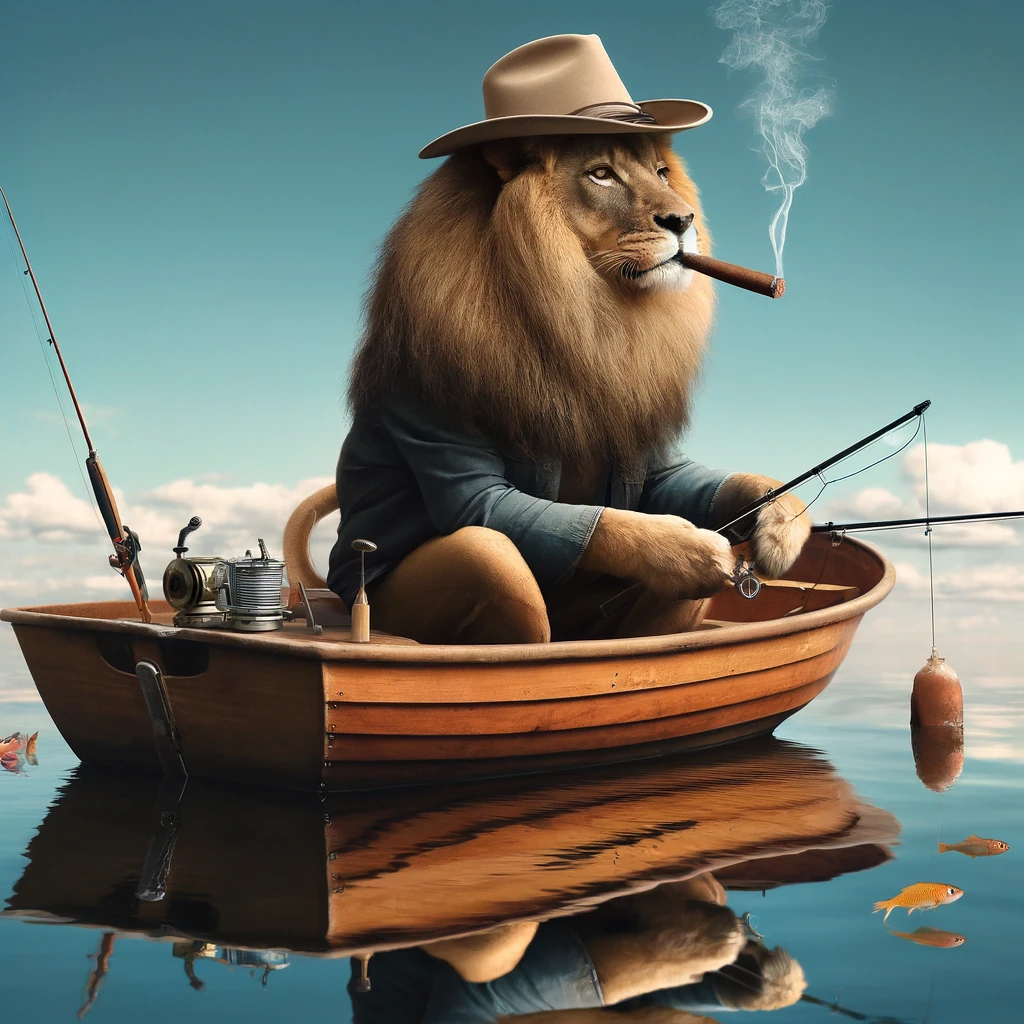 A lion sitting in a boat while fishing and smoking a cigar